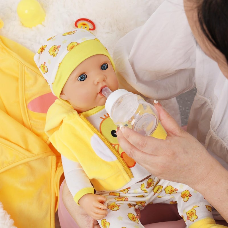 UNICORN ELEMENT 8 Pcs Baby Doll Colthes Outfit Accessories Yellow Duck Set Fit 16-18 Inch Reborn Dolls, New Born Doll Clothing Set Including Waistcoat, Blanket, Hat, Sock, Pacifier, Bottle - Image 5